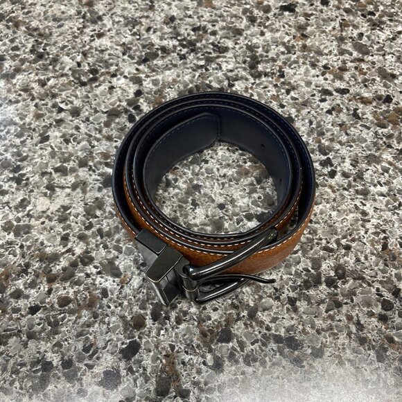 Original Penguin Mens LEATHER Navy / Brown Reversible Belt US Size 32 With Logo - Picture 1 of 8